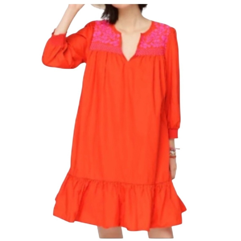 J.Crew Floral Embroidered Popover Dress Womens Small Smocked Cuff Ruffled Hem